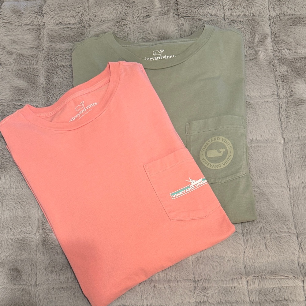 Vineyard Vines Coral and Olive Pocket Tees